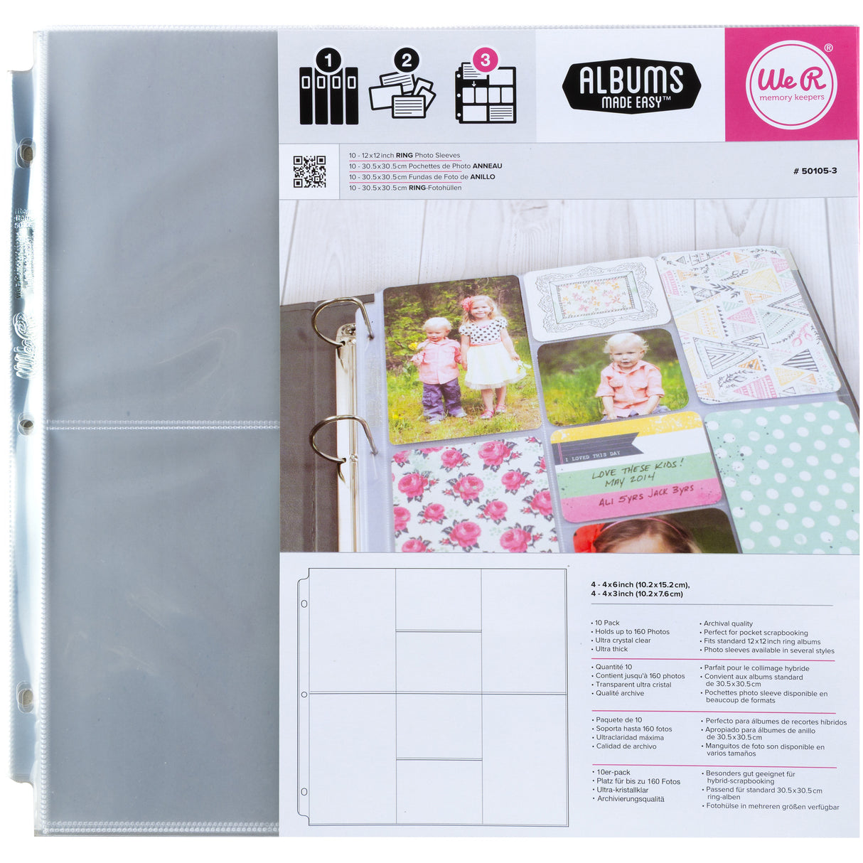 American Crafts, We R Makers, Ring Photo Sleeves, 12x12, 4 vertical 4x6, 4 horizontal 4x3