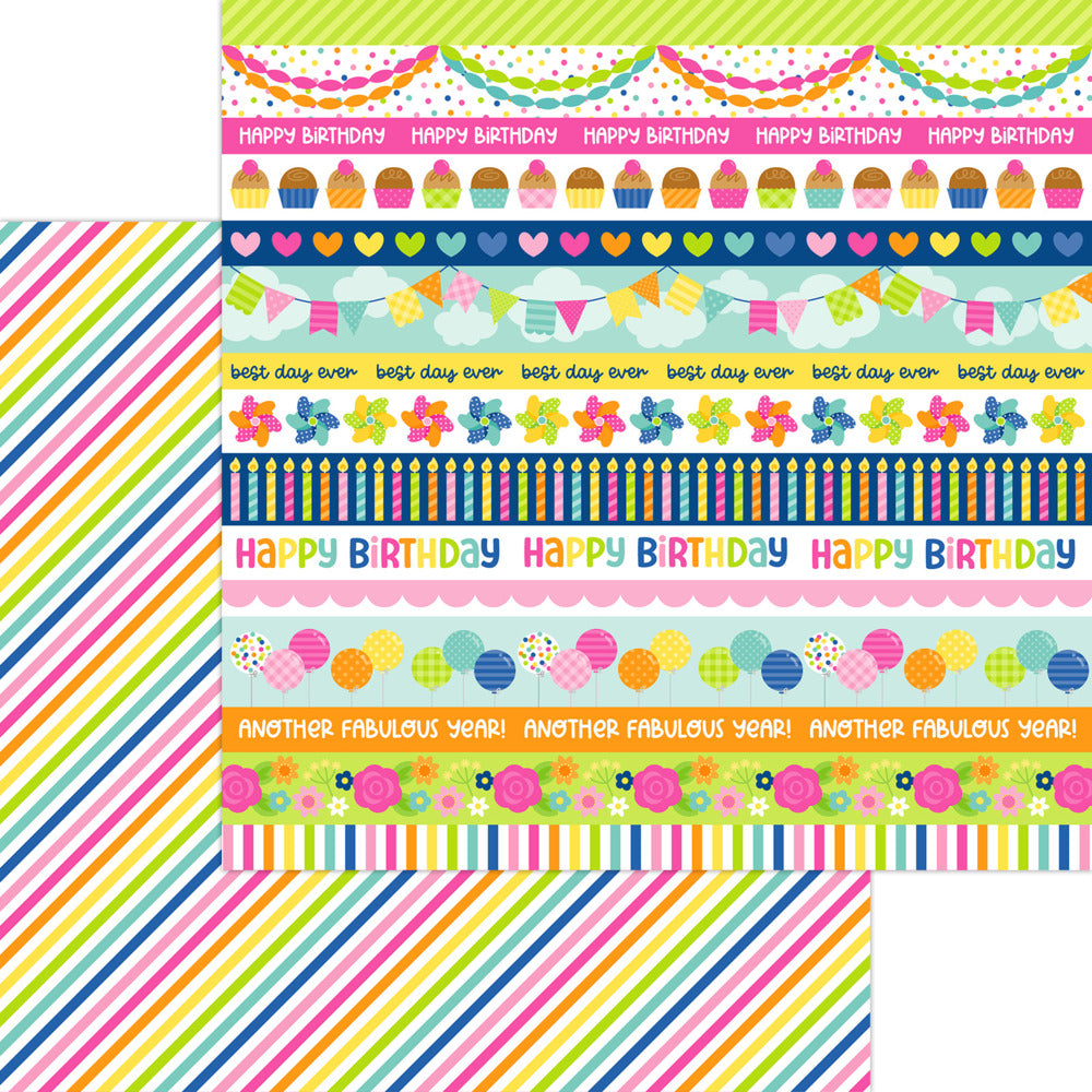 Doodlebug, 12x12 Patterned Paper, Cupcakes & Candles - Stripes of Streamers