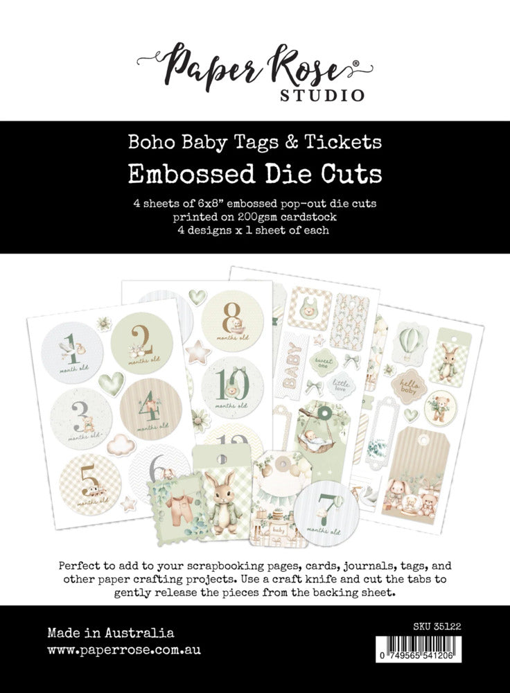 Paper Rose, Embossed Die Cuts, Boho Baby Tags & Tickets