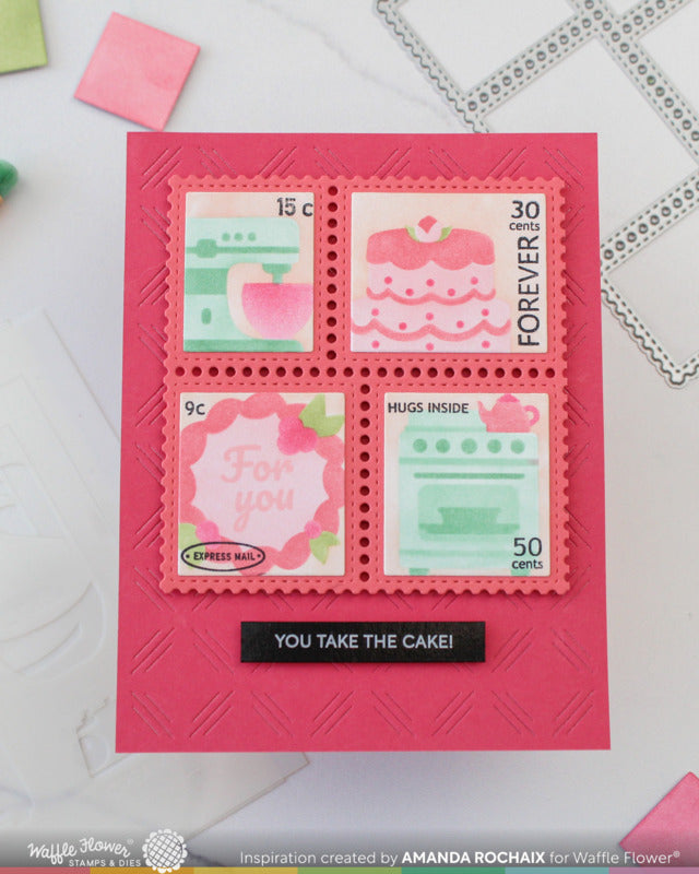 Waffle Flower, Stencil, Postage Collage Baking Fun