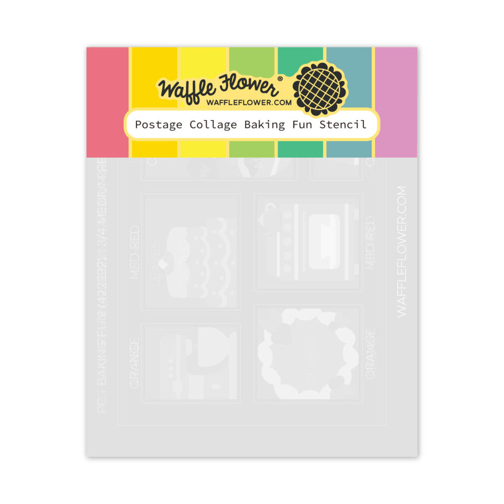Waffle Flower, Stencil, Postage Collage Baking Fun