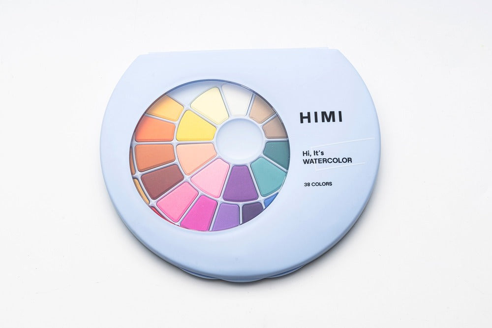 HIMI, Solid Watercolor Paint Set, 38 Colors in Pans & Paint Brush, Blue Case