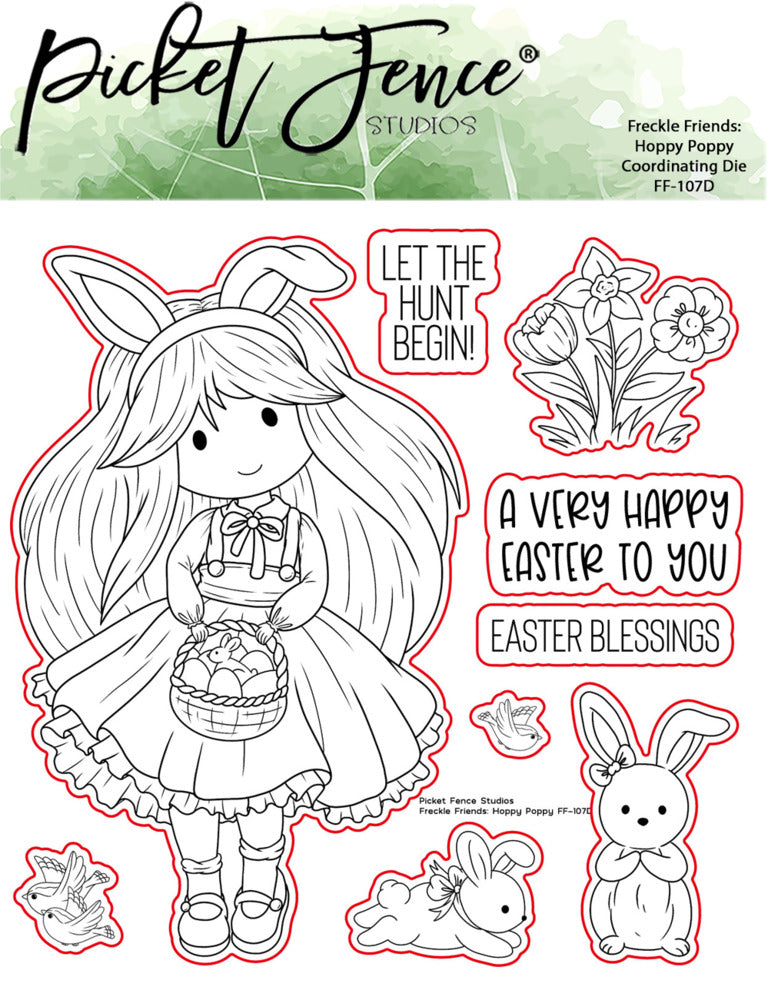 Picket Fence, Freckle Friends: Hoppy Poppy stamp & die set