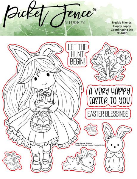 Picket Fence, Freckle Friends: Hoppy Poppy stamp & die set