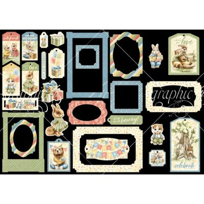 Graphic 45, hip Hip Hooray Chipboard Tags & Frames