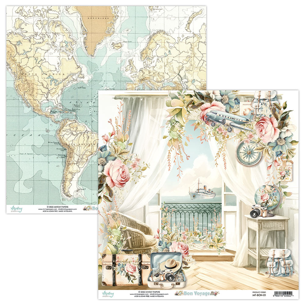 Mintay, 12X12 Patterned Paper, Bon Voyage 01