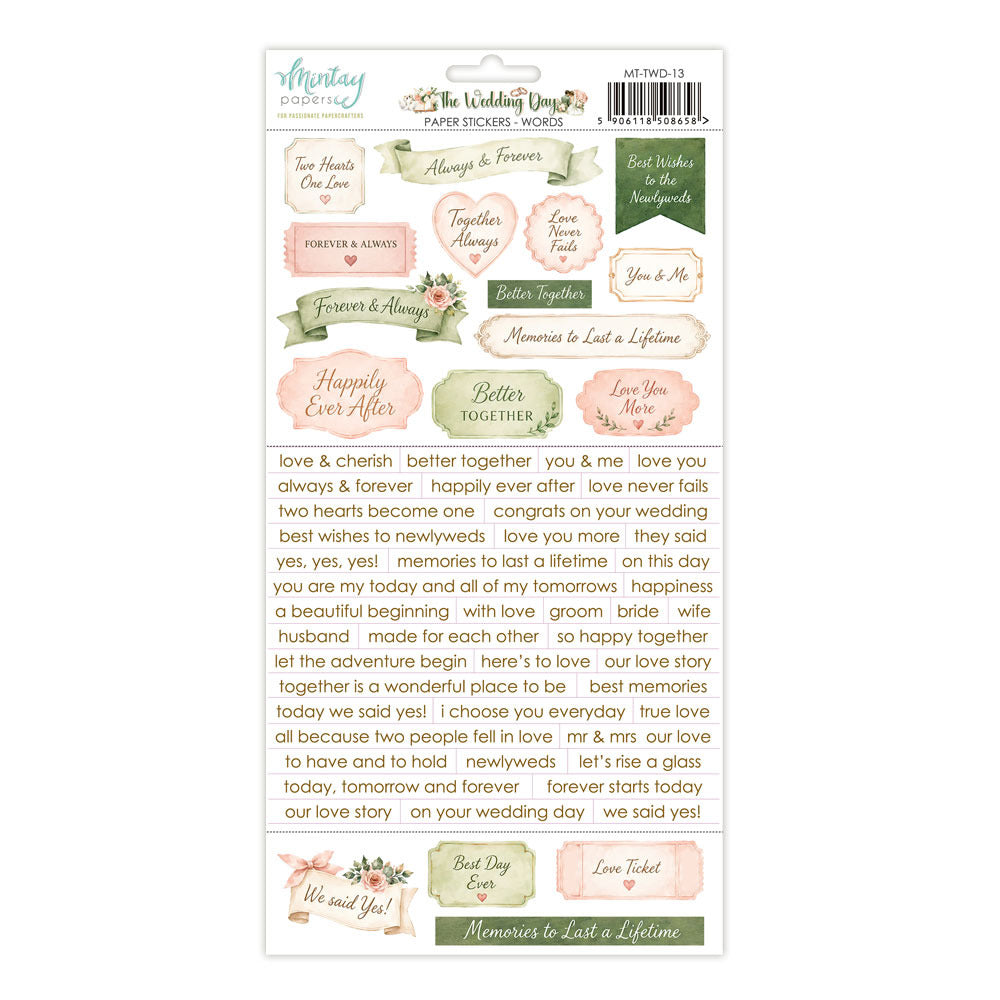 Mintay, 6X12 Paper Stickers, The Wedding Day - Words