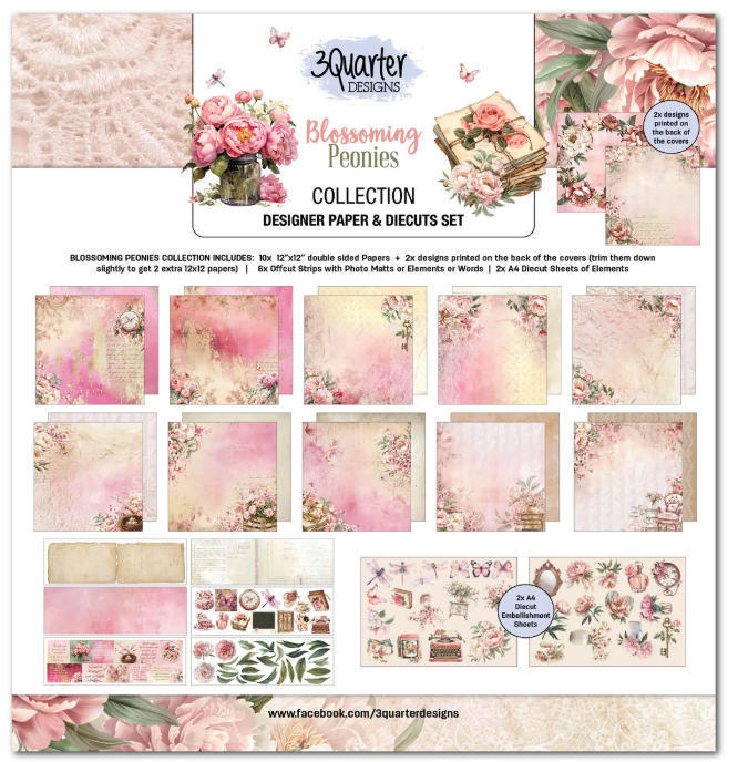 3 Quarter Designs, 12x12 Designer Paper & Diecuts Set, Blossoming Peonies